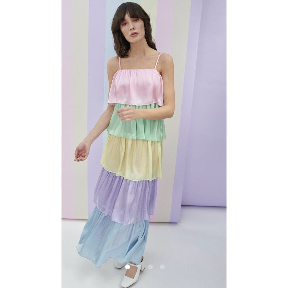 Olivia Ruben Cici Rainbow Multicolor Sleeveless Tiered Maxi Dress Size 8